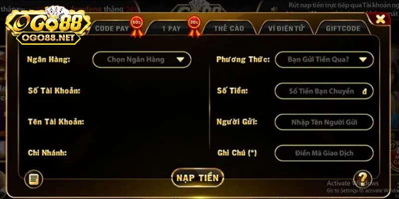 Các phương thức nạp tiền Go88 chi tiết cho thành viên